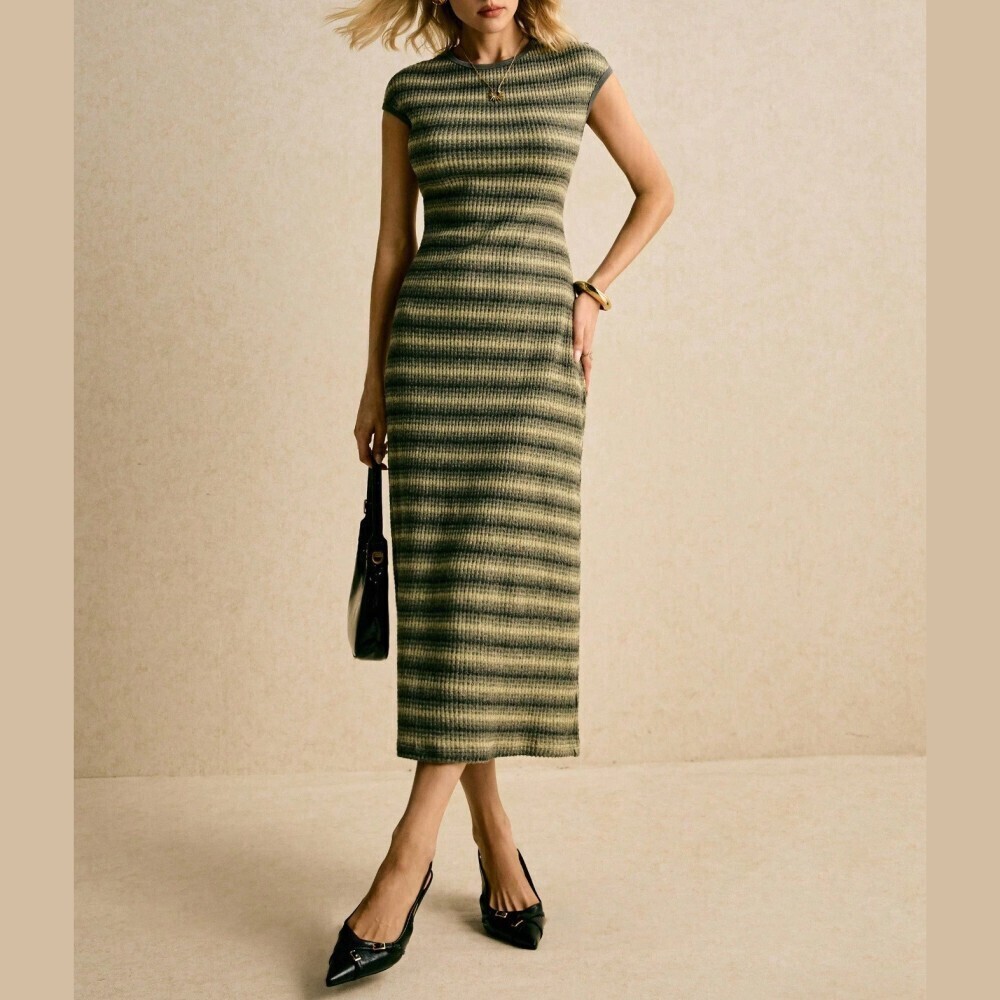 Olive Ombre Striped Ribbed Knit Cap Sleeve Midi Dress